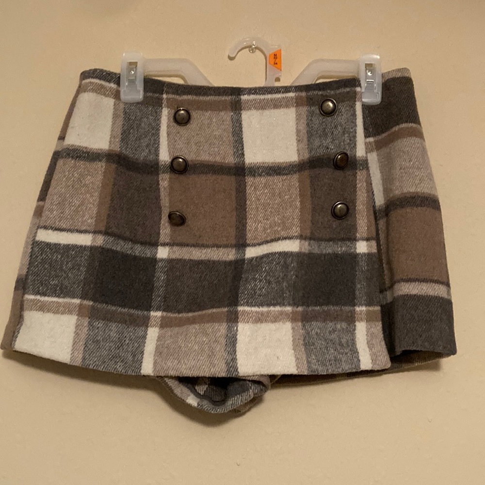 Forever 21 Large Brown Cream White Plaid Fleece Skort skirt shorts